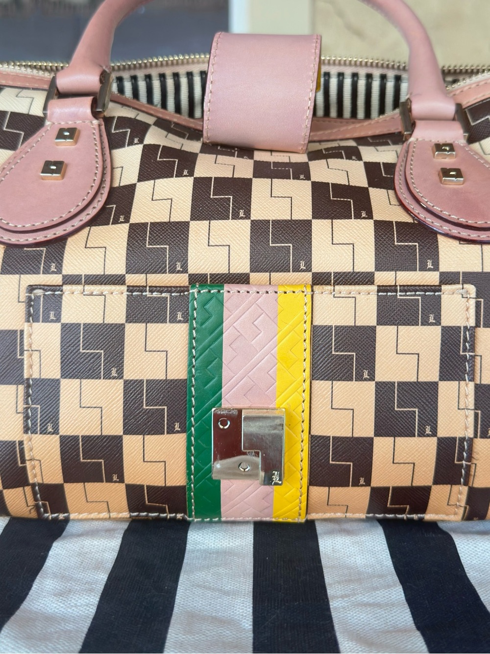 L.A.M.B. ~ Gwen Stefani Monogram Satchel Signature Print Brown Tan Leather - Picture 5 of 16